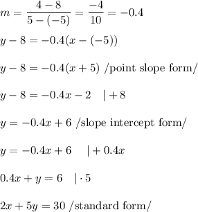 m=\dfrac{4-8}{5-(-5)}=\dfrac{-4}{10}=-0.4\\\\y-8=-0.4(x-(-5))\\\\y-8=-0.4(x+5)\ /\text{point slope form}/\\\\y-8=-0.4x-2\ \ \ |+8\\\\y=-0.4x+6\ /\text{slope intercept form}/\\\\y=-0.4x+6\ \ \ \ |+0.4x\\\\0.4x+y=6\ \ \ |\cdot5\\\\2x+5y=30\ /\text{standard form}/