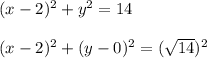 (x-2)^2+y^2=14\\\\(x-2)^2+(y-0)^2=(\sqrt{14})^2
