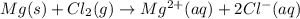 Mg(s)+Cl_2(g)\rightarrow Mg^{2+}(aq)+2Cl^-(aq)