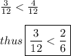 \frac{3}{12} < \frac{4}{12} \\ \\ thus \: \boxed{ \frac{3}{12} < \frac{2}{6} }