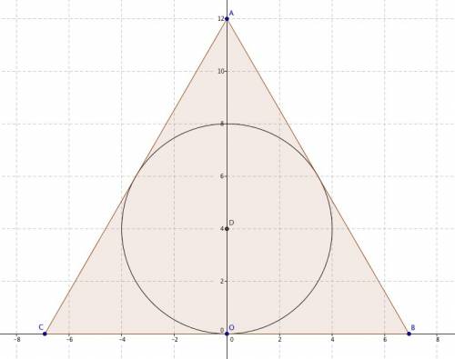 Acircle with radius 4 inches is inscribed in an equilateral triangle. find the area of the triangle.
