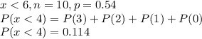 x< 6, n=10, p=0.54\\P(x< 4) = P(3) + P(2) + P(1) + P(0)\\P(x< 4) = 0.114