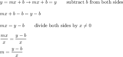 y=mx+b\to mx+b=y\qquad\text{subtract}\ b\ \text{from both sides}\\\\mx+b-b=y-b\\\\mx=y-b\qquad\text{divide both sides by}\ x\neq0\\\\\dfrac{mx}{x}=\dfrac{y-b}{x}\\\\m=\dfrac{y-b}{x}