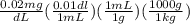 \frac{0.02mg}{dL}(\frac{0.01dl}{1mL})(\frac{1mL}{1g})(\frac{1000g}{1kg})