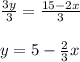 \frac{3y}{3}= \frac{15-2x}{3}\\ \\ y= 5-\frac{2}{3}x