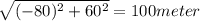 \sqrt{(-80)^2+60^2} =100 meter