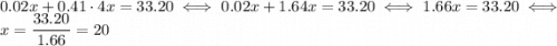 0.02x + 0.41\cdot 4x = 33.20 \iff 0.02x + 1.64x = 33.20 \iff 1.66x = 33.20 \iff x = \dfrac{33.20}{1.66} = 20