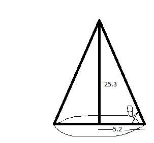 The height of a right circular cone is 25.3. if the diameter of the base is 10.4 what angle does the