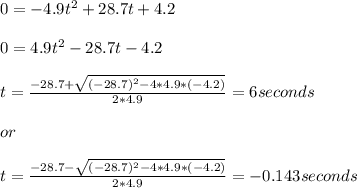 0 = -4.9t^2+28.7t+4.2\\ \\0 = 4.9t^2-28.7t-4.2\\ \\t = \frac{-28.7+\sqrt{(-28.7)^2-4*4.9*(-4.2)} }{2*4.9} =6seconds \\ \\ or\\ \\ t = \frac{-28.7-\sqrt{(-28.7)^2-4*4.9*(-4.2)} }{2*4.9}=-0.143seconds