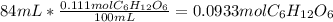 84mL*\frac{0.111 mol C_{6}H_{12}O_{6}   }{100mL} =0.0933 molC_{6}H_{12}O_{6}