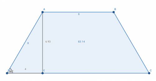 What is the area of a trapezoid abcd with bases  ab and cd if:   m∠c=m∠d=60°, ab = bc = 8 cm