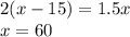 2(x - 15) = 1.5x \\ x = 60