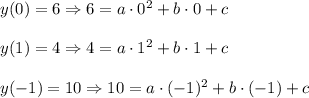 y(0)=6\Rightarrow 6=a\cdot 0^2+b\cdot 0+c\\ \\y(1)=4\Rightarrow 4=a\cdot 1^2+b\cdot 1+c\\ \\y(-1)=10\Rightarrow 10=a\cdot (-1)^2+b\cdot (-1)+c