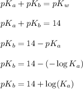 pK_a+pK_b=pK_w\\\\pK_a+pK_b=14\\\\pK_b=14-pK_a\\\\pK_b=14-(-\log K_a)\\\\pK_b=14+\log (K_a)