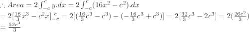 \therefore Area=2\int_{-c}^{c}y.dx= 2\int_{-c}^{c}(16x^2-c^2).dx\\=2[\frac{16}{3}x^3-c^2x]_{-c}^{ \ c}=2[(\frac{16}{3}c^3-c^3)-(-\frac{16}{3}c^3+c^3)]=2[\frac{32}{3}c^3-2c^3]=2(\frac{26c^3}{3})\\=\frac{52c^3}{3}