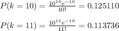 P(k=10)= \frac{10^{10}e^{-10}}{10!} =0.125110 \\  \\ P(k=11)= \frac{10^{11}e^{-10}}{11!} =0.113736