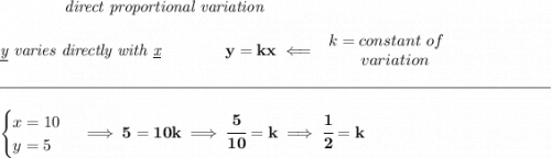 \bf \qquad \qquad \textit{direct proportional variation}&#10;\\\\&#10;\textit{\underline{y} varies directly with \underline{x}}\qquad \qquad y=kx\impliedby&#10;\begin{array}{llll}&#10;k=constant\ of\\&#10;\qquad variation&#10;\end{array}&#10;\\\\[-0.35em]&#10;\rule{34em}{0.25pt}\\\\&#10;\begin{cases}&#10;x=10\\&#10;y=5&#10;\end{cases}\implies 5=10k\implies \cfrac{5}{10}=k\implies \cfrac{1}{2}=k