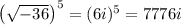 \left(\sqrt{-36}\right)^{5}=(6i)^5=7776i