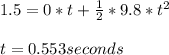 1.5=0*t+\frac{1}{2} *9.8*t^2\\ \\ t = 0.553 seconds