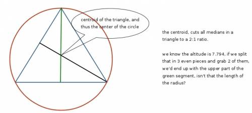 What radius of a circle is required to inscribe an equilateral triangle with an area of 35.074 in2 a