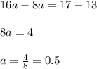 16a -8a = 17-13\\ \\ 8a= 4\\ \\ a=\frac{4}{8}= 0.5
