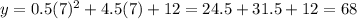 y= 0.5(7)^2 +4.5(7)+12 = 24.5+31.5+12= 68