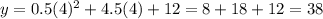 y= 0.5(4)^2 +4.5(4)+12 = 8+18+12= 38