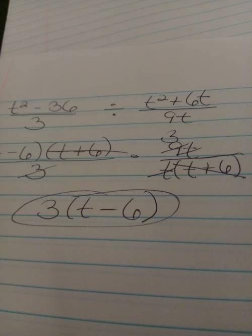 Find the simplified quotient t^2-36/3÷t^2+6t/9t