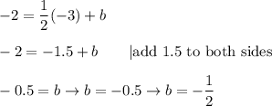 -2=\dfrac{1}{2}(-3)+b\\\\-2=-1.5+b\qquad|\text{add 1.5 to both sides}\\\\-0.5=b\to b=-0.5\to b=-\dfrac{1}{2}