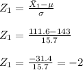 Z_{1}=\frac{\bar X_{1} - \mu}{\sigma}\\\\Z_{1}=\frac{111.6-143}{15.7}\\\\Z_{1}=\frac{-31.4}{15.7}=-2