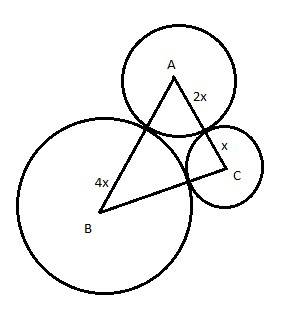 The perimeter of angle abc is 98 centimeters. if the radius circle a is twice the radius of circle c