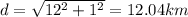 d = \sqrt{12^2 + 1^2} = 12.04 km