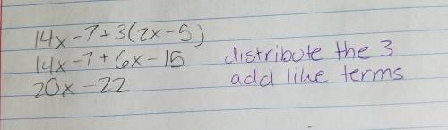 Which expression is equivalent to 14x - 7 + 3 ( 2x - 5 ) ?