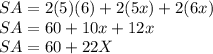 SA=2(5)(6)+2(5x)+2(6x)\\ SA=60+10x+12x\\ SA=60+22X