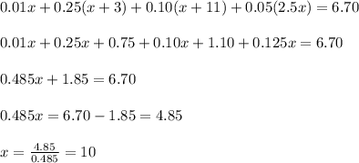 0.01x+0.25(x+3)+0.10(x+11)+0.05(2.5x)=6.70\\ \\ 0.01x+0.25x+0.75+0.10x+1.10+0.125x=6.70\\ \\ 0.485x+1.85=6.70\\ \\ 0.485x=6.70-1.85=4.85\\ \\ x=\frac{4.85}{0.485}=10