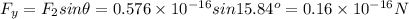 F_y=F_2sin\theta=0.576\times10^{-16}sin15.84^o=0.16\times10^{-16}N