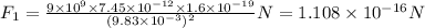 F_1=\frac{9\times10^9\times 7.45\times10^{-12}\times1.6\times10^{-19}}{(9.83\times10^{-3})^2}N=1.108\times10^{-16}N