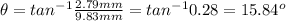 \theta= tan^{-1}\frac{2.79mm}{9.83mm}=tan^{-1}0.28=15.84^o