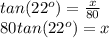 tan(22^o )= \frac{x}{80} \\80 tan(22^o) = x