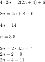 4\cdot 2n=2(2n+4)+6\\\\&#10;8n=4n+8+6\\\\&#10;4n=14\\\\&#10;n=3.5\\\\&#10;2n=2\cdot3.5=7\\&#10;2n+2=9\\&#10;2n+4=11