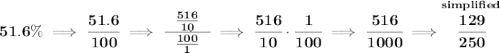 \bf 51.6\%\implies \cfrac{51.6}{100}\implies \cfrac{~~\frac{516}{10}~~}{\frac{100}{1}}\implies \cfrac{516}{10}\cdot \cfrac{1}{100}\implies \cfrac{516}{1000}\implies \stackrel{simplified}{\cfrac{129}{250}}