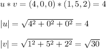 u*v = (4,0,0)*(1,5,2) = 4 \\  \\ |u| = \sqrt{4^2 +0^2+0^2} = 4 \\  \\ |v| = \sqrt{1^2 + 5^2+2^2} = \sqrt{30}