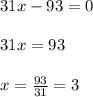 31x-93=0\\ \\ 31x=93\\ \\ x=\frac{93}{31}=3