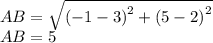 AB=\sqrt{\left(-1-3\right)^2+\left(5-2\right)^2}\\AB=5\\