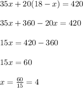 35x+20(18-x)=420\\ \\ 35x+360-20x=420\\ \\ 15x= 420-360\\ \\ 15x=60\\ \\ x= \frac{60}{15}=4