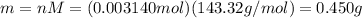 m=nM=(0.003140 mol)(143.32 g/mol)=0.450 g