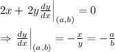 2x+\left.2y \frac{dy}{dx}\right|_{(a, b)} =0 \\  \\ \Rightarrow  \left.\frac{dy}{dx}\right|_{(a, b)} =- \frac{x}{y} =- \frac{a}{b}