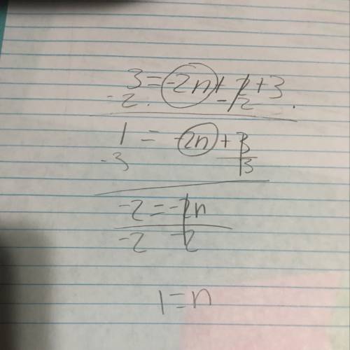3= -2n + 2 + 3 how do i solve to get n