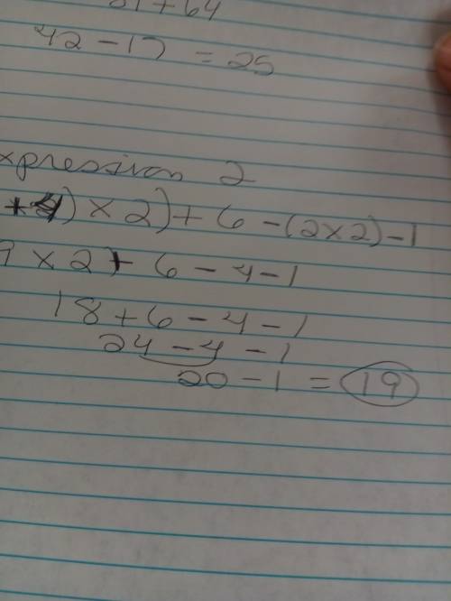 Expression 1 6 x 7 – 3^2 x 9 + 4^3 = expression 2 5 + 4 x 2 + 6 – 2 x 2 - 1 (a) what is the value of