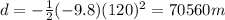 d=-\frac{1}{2}(-9.8)(120)^2=70560 m